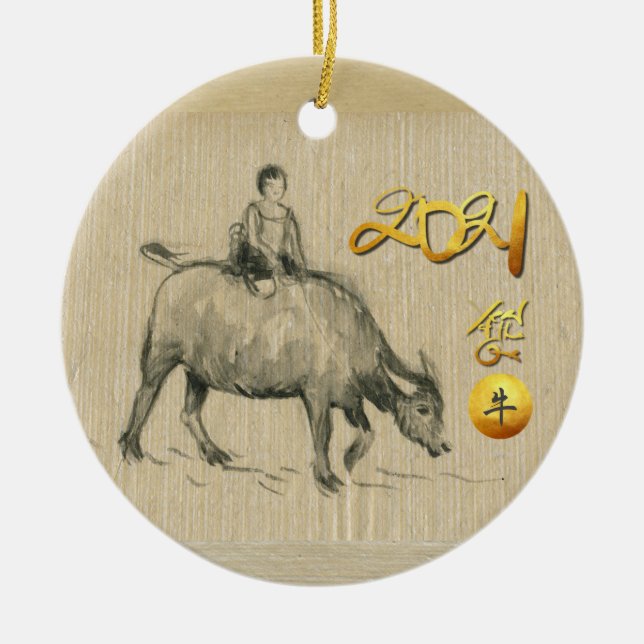Water Buffalo Kind Chinesisch Ox Jahr 2021 CRO CRO Keramik Ornament (Vorne)