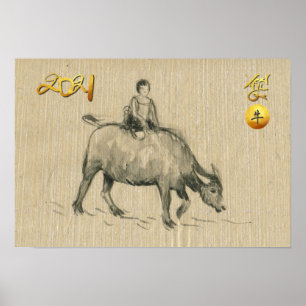 Water Buffalo Kind Chinesisch Ox Jahr 2021 HorP Poster