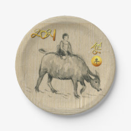 Water Buffalo Kind Chinesisch Ox Year 2021 PP Pappteller