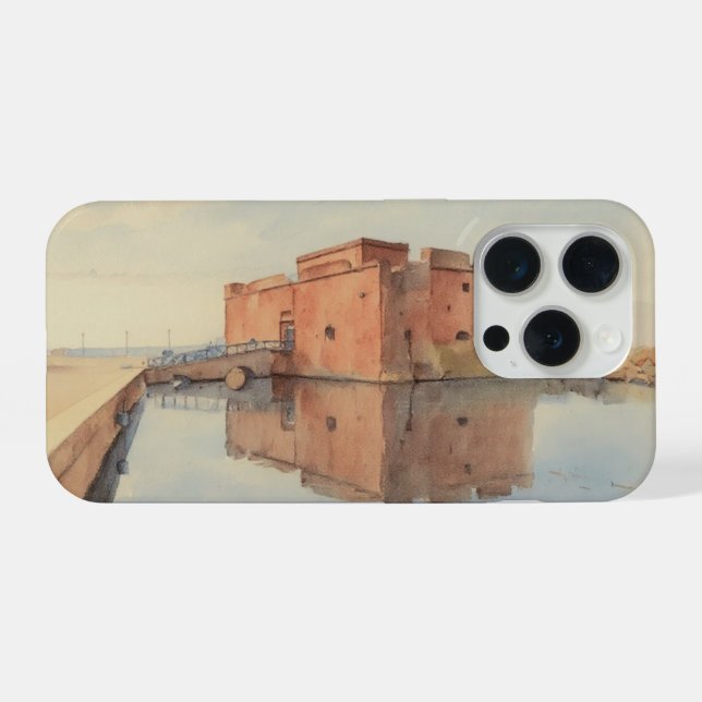 Water colour painting style image of Paphos Castle iPhone Hülle (Rückseite (Horizontal))