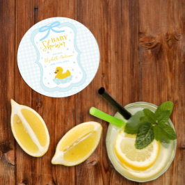 Water Droplets Gingham Boy Baby Shower Runder Pappuntersetzer