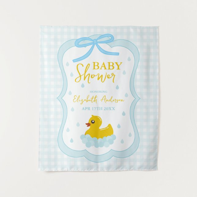 Water Droplets Gingham Boy Baby Shower Welcome Wandteppich (Vorderseite)