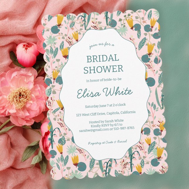 Water Garden Floral Bridal Shower Cute CUSTOM  Einladung (Water Garden Floral Bridal Shower Cute CUSTOM Scalloped Invitation
)