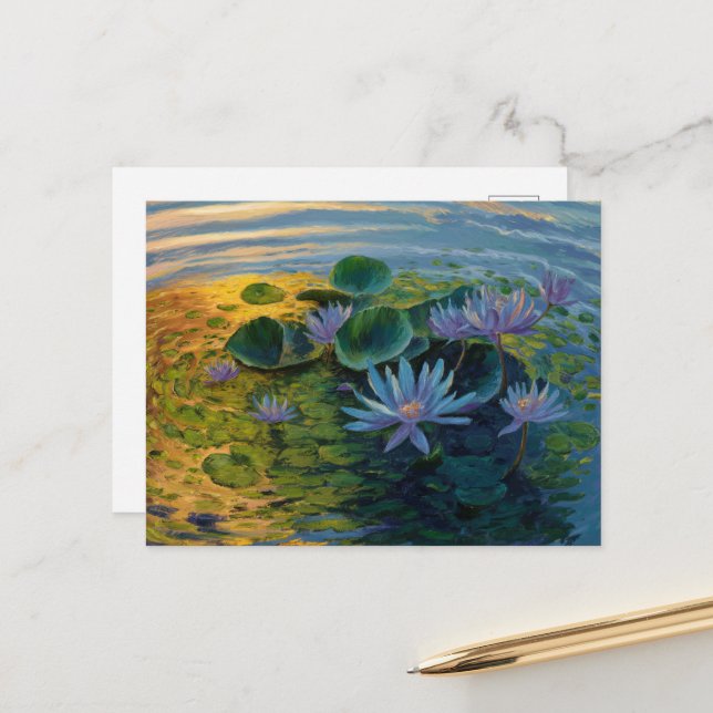 Water Lilies Blue & Lila von Claude Monet, Sunset Postkarte (Vorderseite/Rückseite Beispiel)
