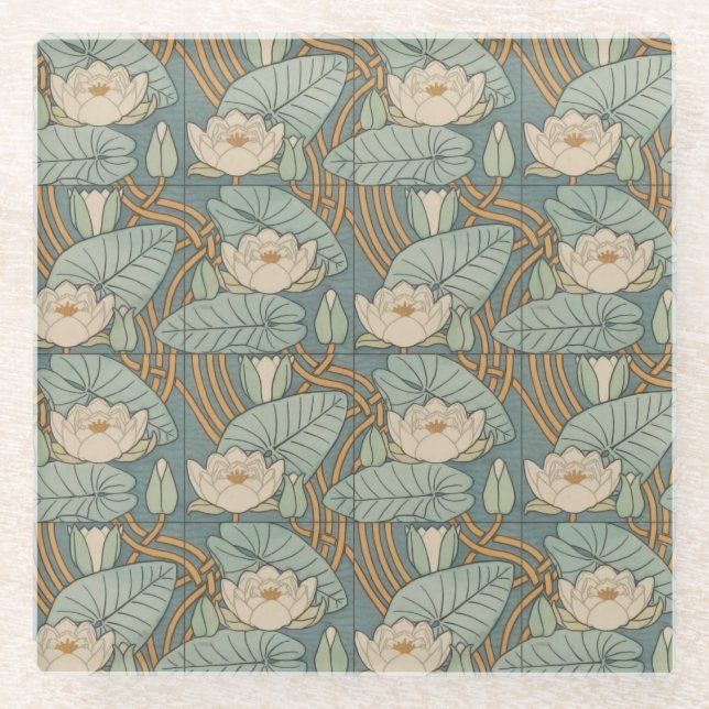 Water Lilies Lily Art Nouveau Natur Glasuntersetzer (Vorderseite)