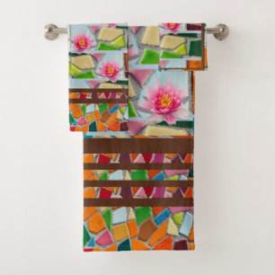 Water Lily Penny Brown Mosaic Muster Badhandtuch Set