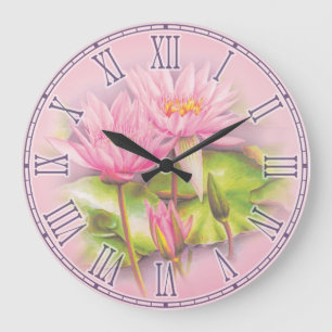 Water lily pink fine art botanical wall clock große wanduhr