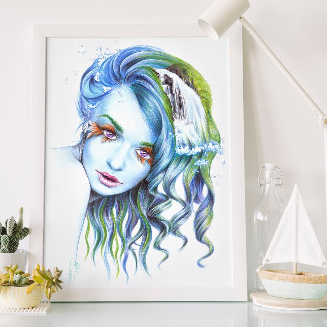 Water Meerjungfrau Surreal Fantasy Portrait Art Poster (In-situ (*Frame is available on all standard sizes))
