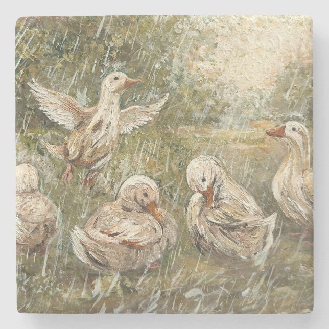 Water Play Whimsical Farmhouse Duck Family Pond Steinuntersetzer (Vorderseite)