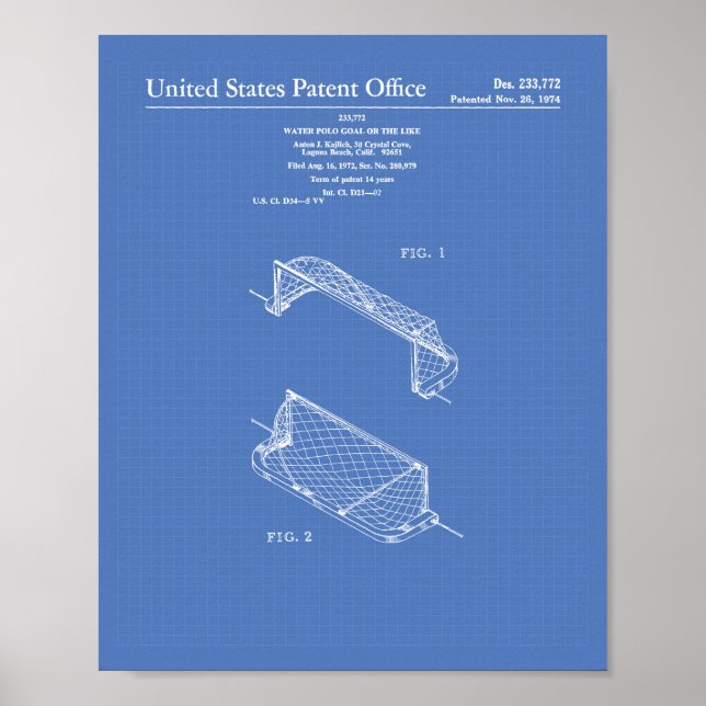 Water Polo Goal 1972 Patent Art Blueprint Poster (Vorne)