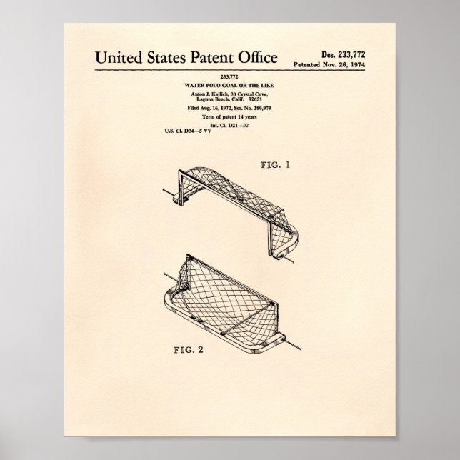 Water Polo Goal 1972 Patent Art Old Peper Poster (Vorne)