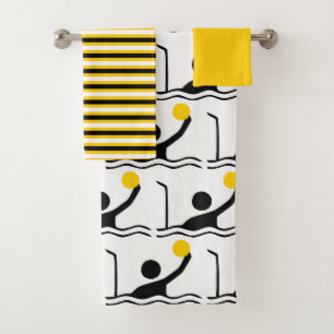 Water Polo Player Silhouette schwarz, gelb Streife Badhandtuch Set