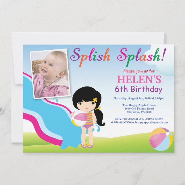 Water Slide Pool Party Birthday Invitation Girl Einladung (Vorderseite)