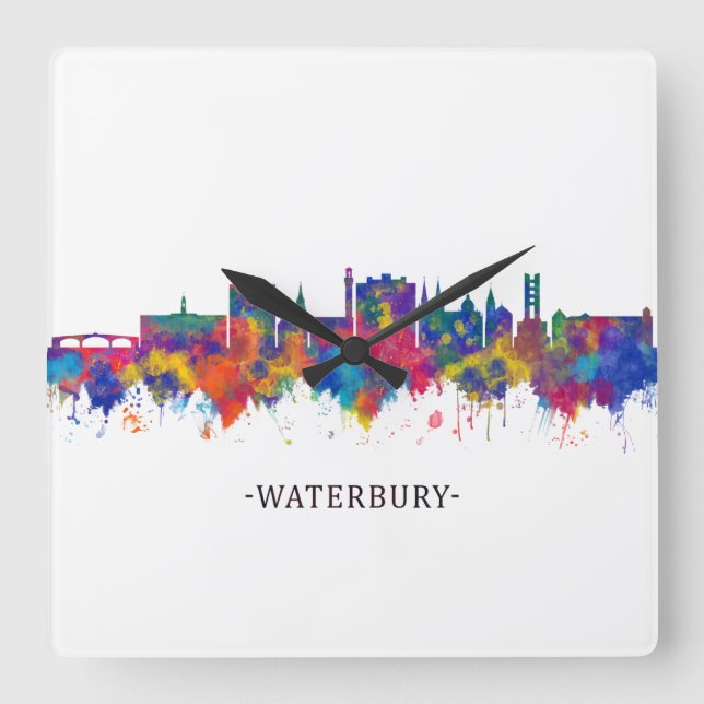 Waterbury Connecticut Skyline Quadratische Wanduhr (Vorderseite)