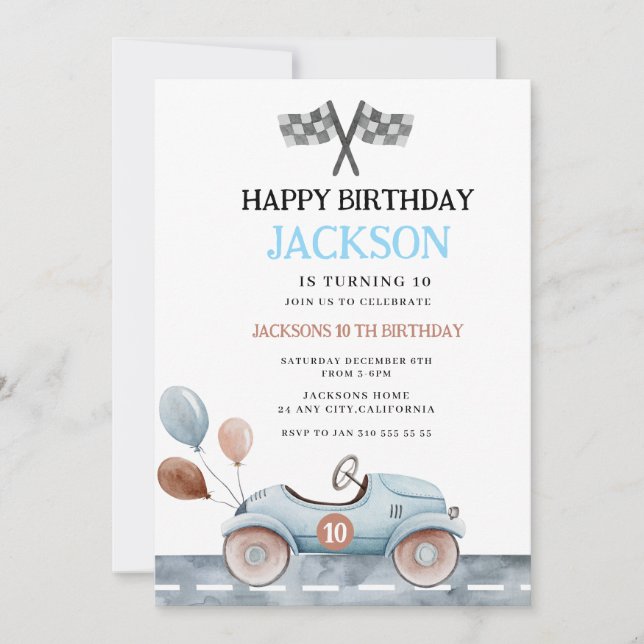 Watercolor 10th Racing Car Boys Birthday Invite Einladung (Vorderseite)