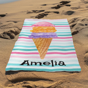 Watercolor 3 Kugeln Eiscreme Personalisiert Strandtuch