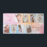 Watercolor 8-Foto Baby Collage mit individuellem S Schreibtischunterlage<br><div class="desc">Einzigartiges Design in Aquarellfarben,  pastellrosa,  blau und orange,  mit 8-Foto-Collage-Vorlage mit benutzerdefiniertem "Hello World"-Skript und drei bearbeitbaren Textfeldern. Jede Fotovorlage hat einen subtilen Schatteneffekt.</div>