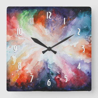 Watercolor Abstract Modern Art Color Clouds Square Quadratische Wanduhr