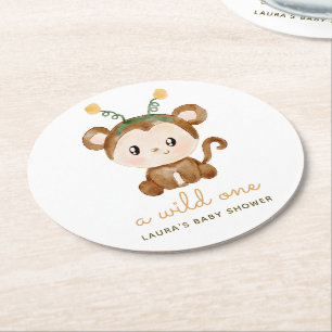 Watercolor-Affe Tropische Blätter Baby Shower Runder Pappuntersetzer