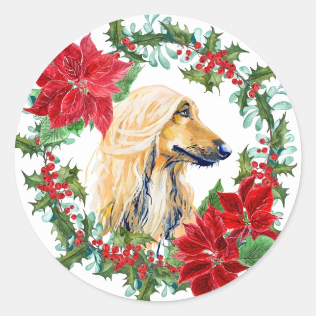 Watercolor Afghan Hound Poinsettia Holiday Wreath Runder Aufkleber (Vorderseite)
