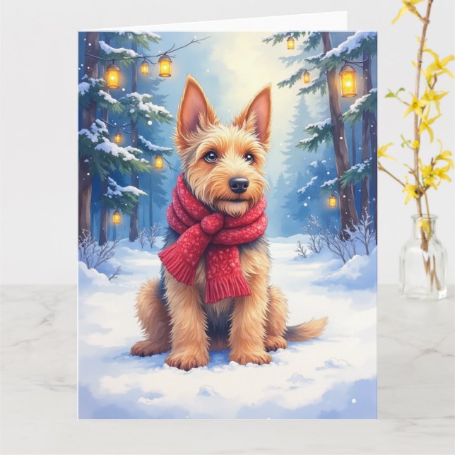 Watercolor Airedale Terrier Snowy Christmas Karte (Gelbe Blume)