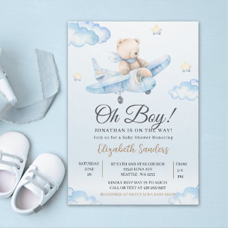 Watercolor Airplane Teddy Bear Baby Shower Einladung