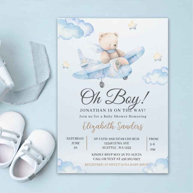 Watercolor Airplane Teddy Bear Baby Shower Einladung (Von Creator hochgeladen)