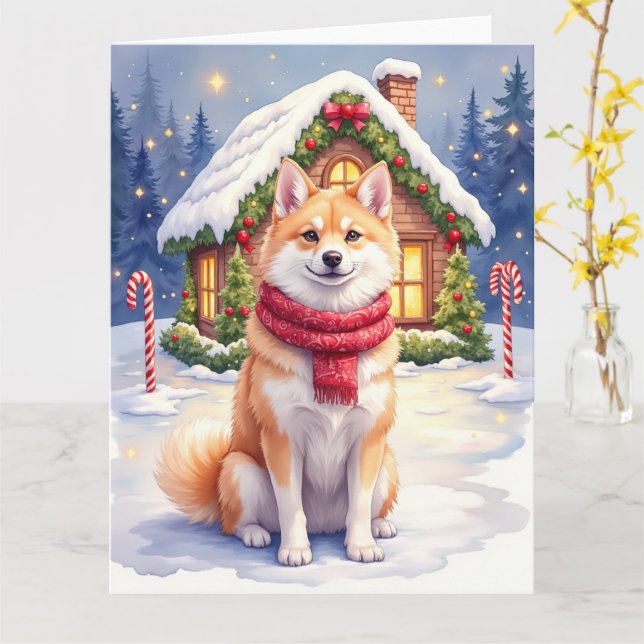 Watercolor Akita Gingerbread House Christmas  Karte (Gelbe Blume)