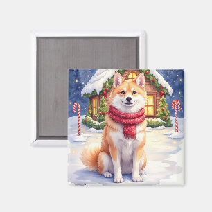 Watercolor-Akita-Lebkuchenhäuschen-Weihnachten Magnet