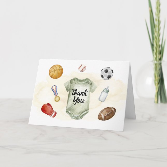 Watercolor All Star Sports bodysuit Baby Shower  Dankeskarte (Vorderseite)