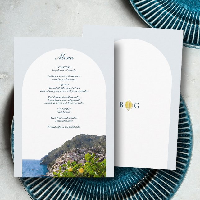Watercolor Amalfi Coast Arch Italy Lemons Wedding Menükarte (Watercolor Amalfi Coast Arch Italy Lemons Wedding Menu)