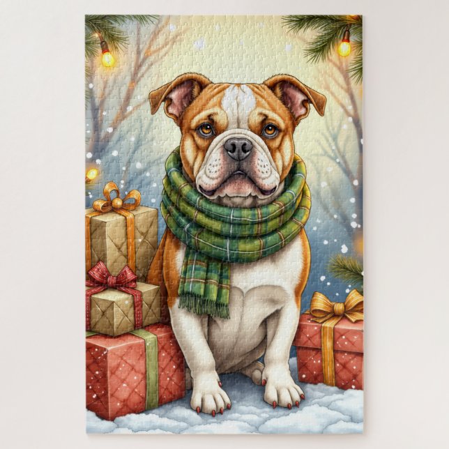 Watercolor American Bulldog Christmas Holiday Puzzle (Vertikal)