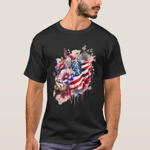 Watercolor American Flag USA Blume 4. Juli T-Shirt
