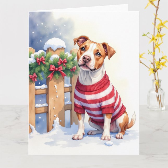 Watercolor American Pit Bull Terrier Festive Karte (Gelbe Blume)