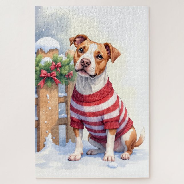 Watercolor American Pit Bull Terrier Festive Puzzle (Vertikal)