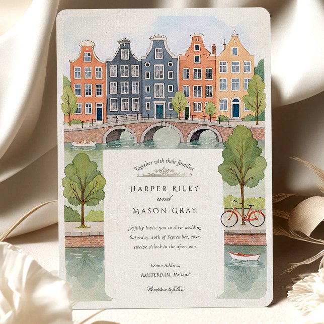 Watercolor Amsterdam Canal Houses & Tulips Wedding Einladung (Von Creator hochgeladen)