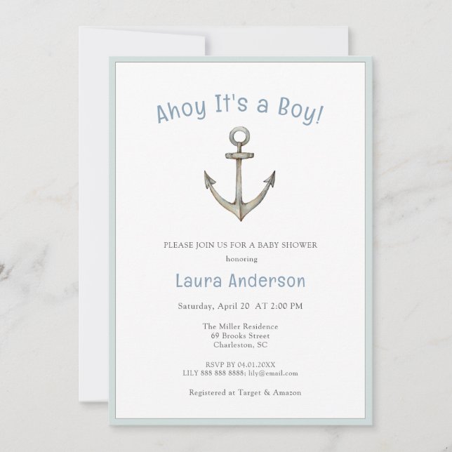 Watercolor Anchor Nautical Baby boy Baby shower  Einladung (Vorderseite)