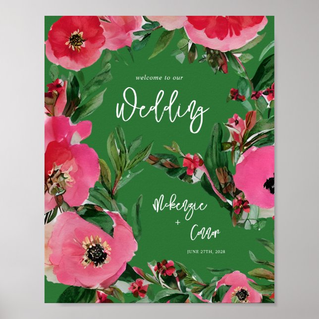 Watercolor Anemone Green Wedding Willkommen Poster (Vorne)