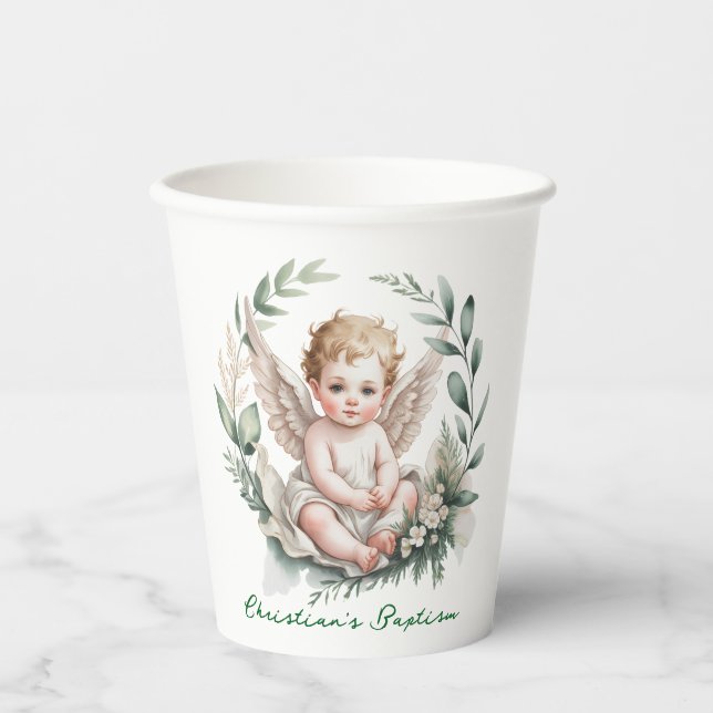 Watercolor Angel Wings Baptism Green Pappbecher (Vorderseite)
