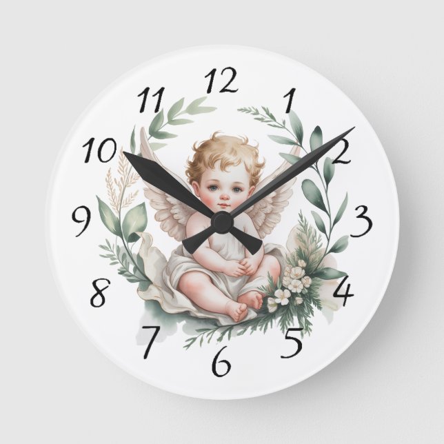 Watercolor Angel Wings Baptism Green Runde Wanduhr (Vorderseite)