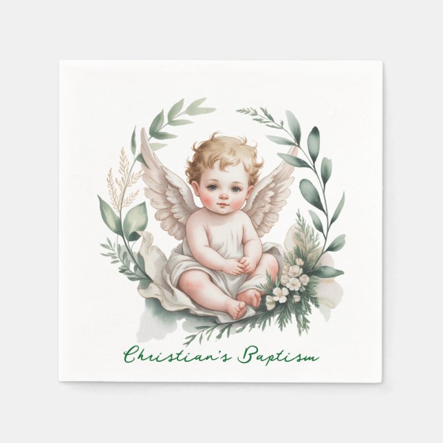 Watercolor Angel Wings Baptism Green Serviette (Vorderseite)