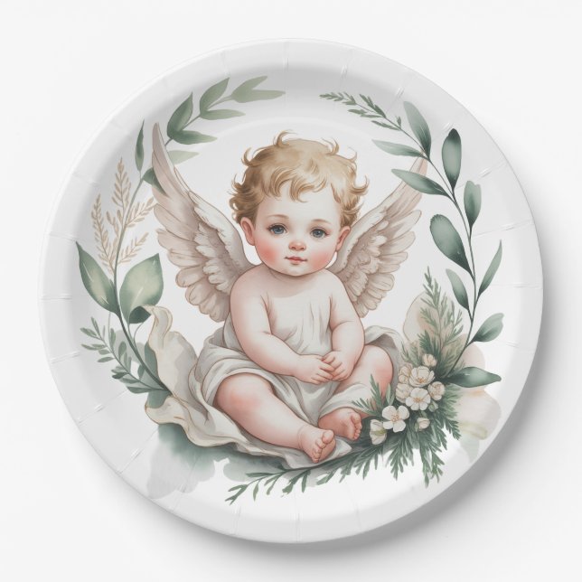 Watercolor Angel Wings Baptism  Pappteller (Vorderseite)