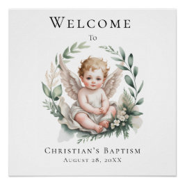 Watercolor Angel Wings Baptism Welcome Sign Poster