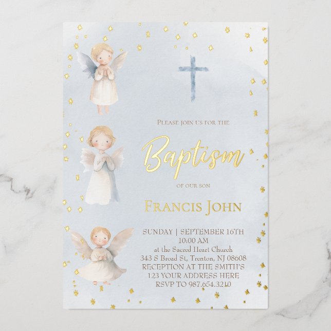 watercolor angels Baptism Foil Invitation Folieneinladung (Vorderseite)