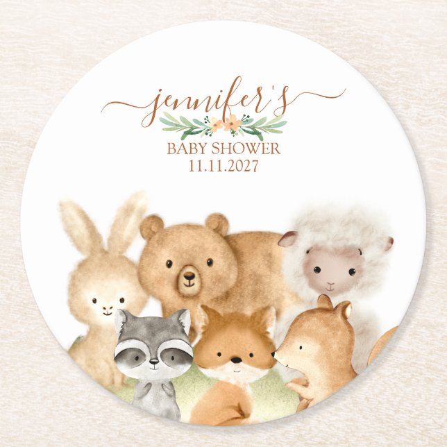 Watercolor Animals Baby Shower Rustic Runder Pappuntersetzer (Vorderseite)