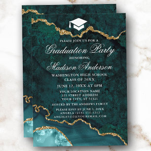 Watercolor Aquamarin Gold Marble Agate Graduation Einladung