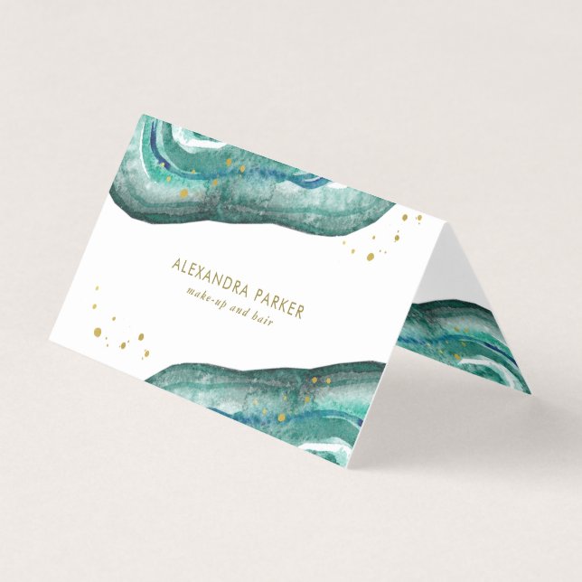 Watercolor aquamarin und Imitat-Gold Geode Visitenkarten (Vorderseite)