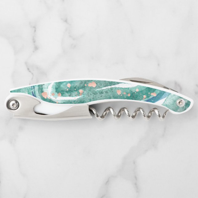 Watercolor aquamarin und Imitat-Rosen-Gold Geode Kellnermesser (Vorderseite)