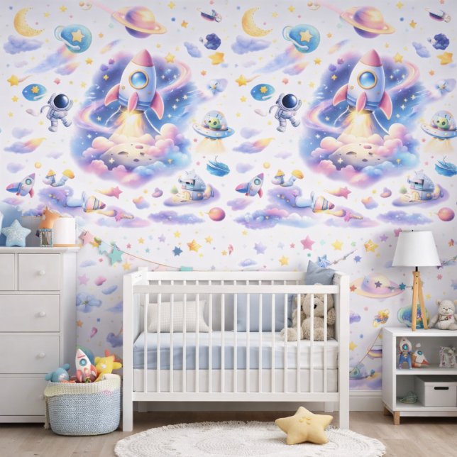 Watercolor Astronaut Galaxy Pattern Space Nursery Tapete (Von Creator hochgeladen)