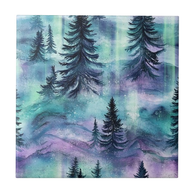 Watercolor Aurora Borealis Forest (4) Fliese (Vorderseite)